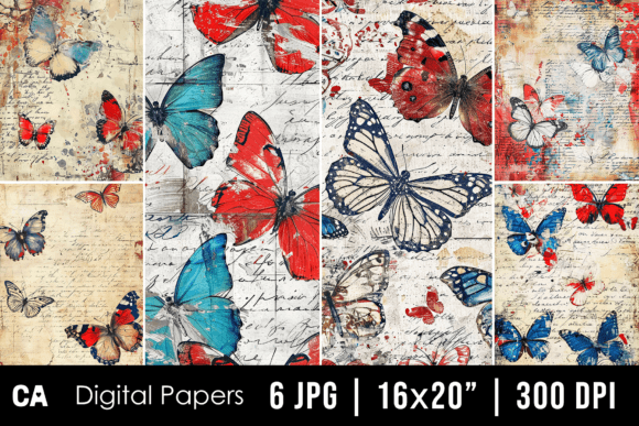 Download Vintage Red Blue Butterfly Journal Pages - Vintage Collection